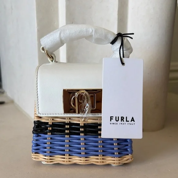Furla Mini Top-Handle Bag in White, Black and Blue - Picture 4 of 10